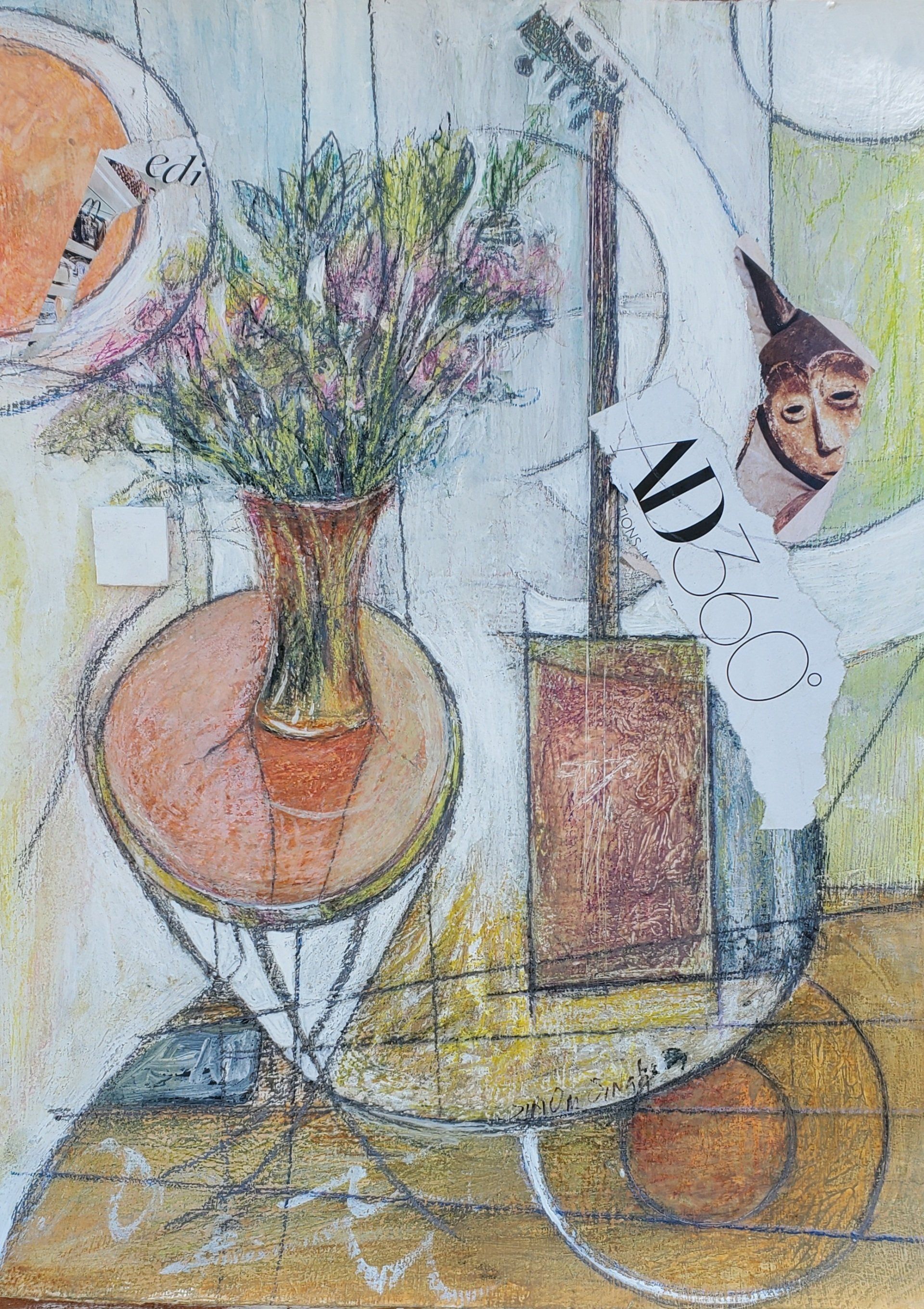 A painting of a vase of flowers on a table