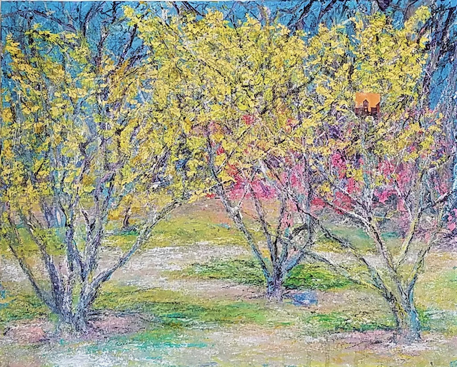 It is a painting of trees with yellow flowers and pink flowers.