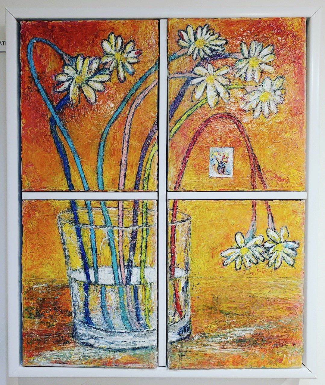 A painting of flowers in a vase on a window sill