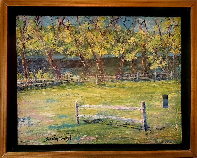 A painting of a fence in a field with trees in the background.