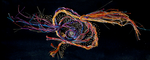 A painting of a colorful swirl on a black background.