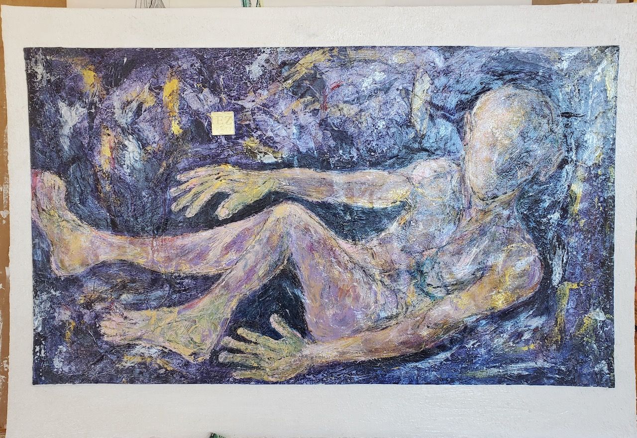 An abstract painting of a man laying down