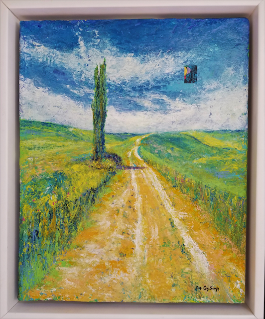 A painting of a dirt road going through a field