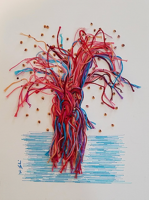 A drawing of a tree with red and blue branches