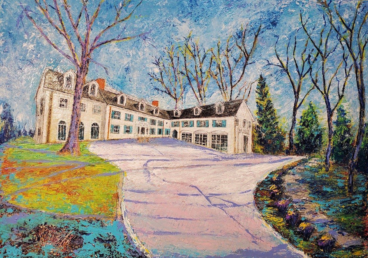 A painting of a large white house with a driveway leading to it surrounded by trees.