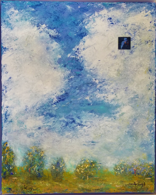 A painting of a blue sky with clouds and trees