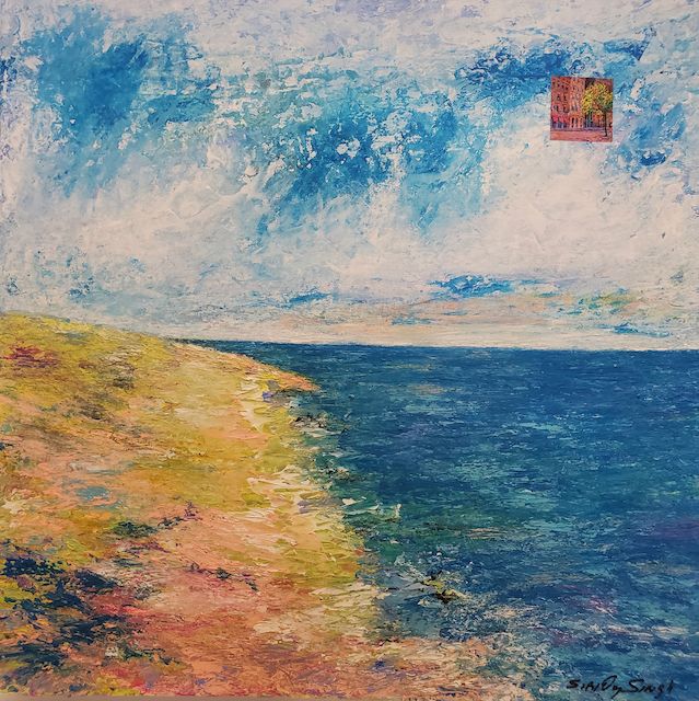 It is a painting of a beach and the ocean.