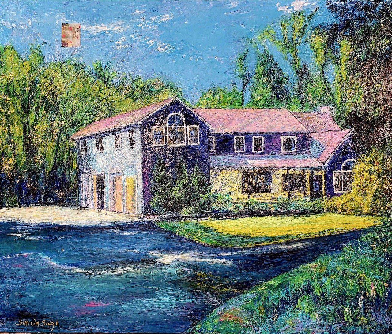 A painting of a house with a red roof surrounded by trees.