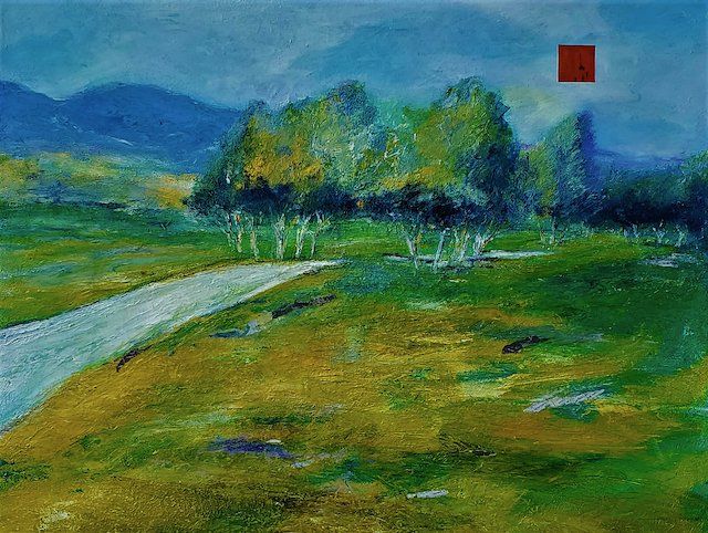 A painting of a road going through a field with trees and mountains in the background.