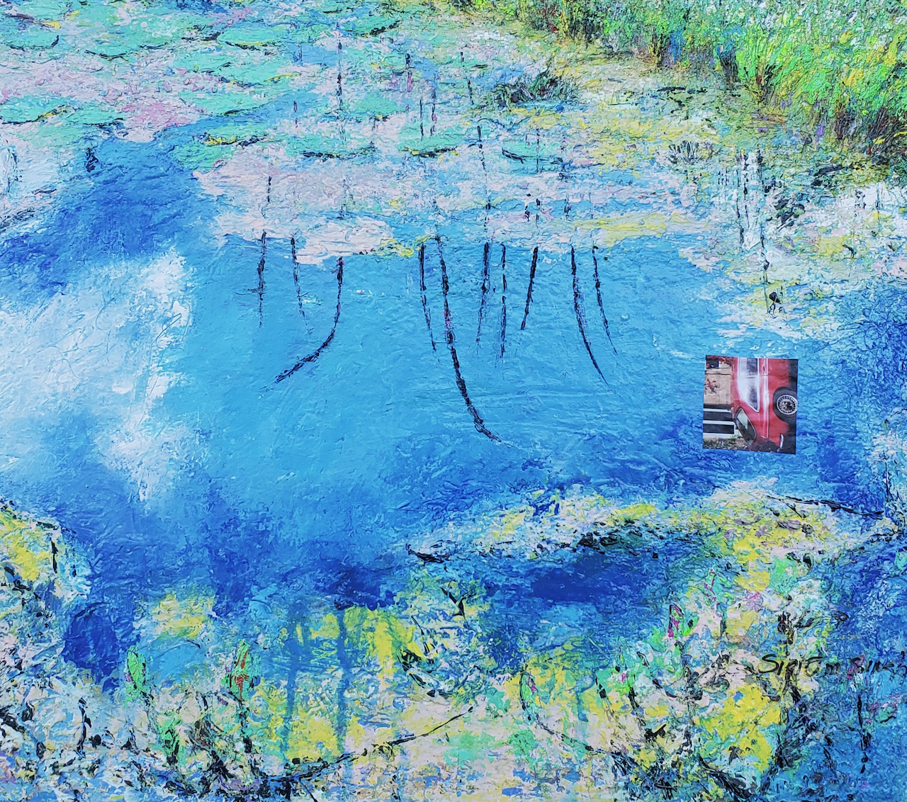 A painting of a pond with a reflection of trees in the water.