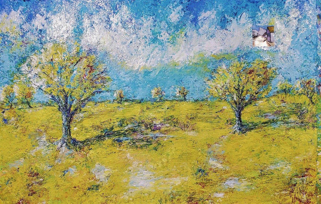 A painting of a field of yellow flowers with trees in the background.
