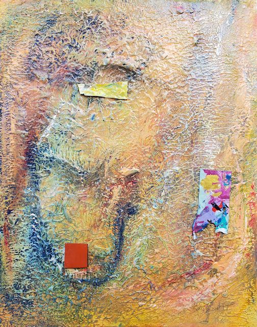 A close up of a painting of a person 's face with a red square in the middle.