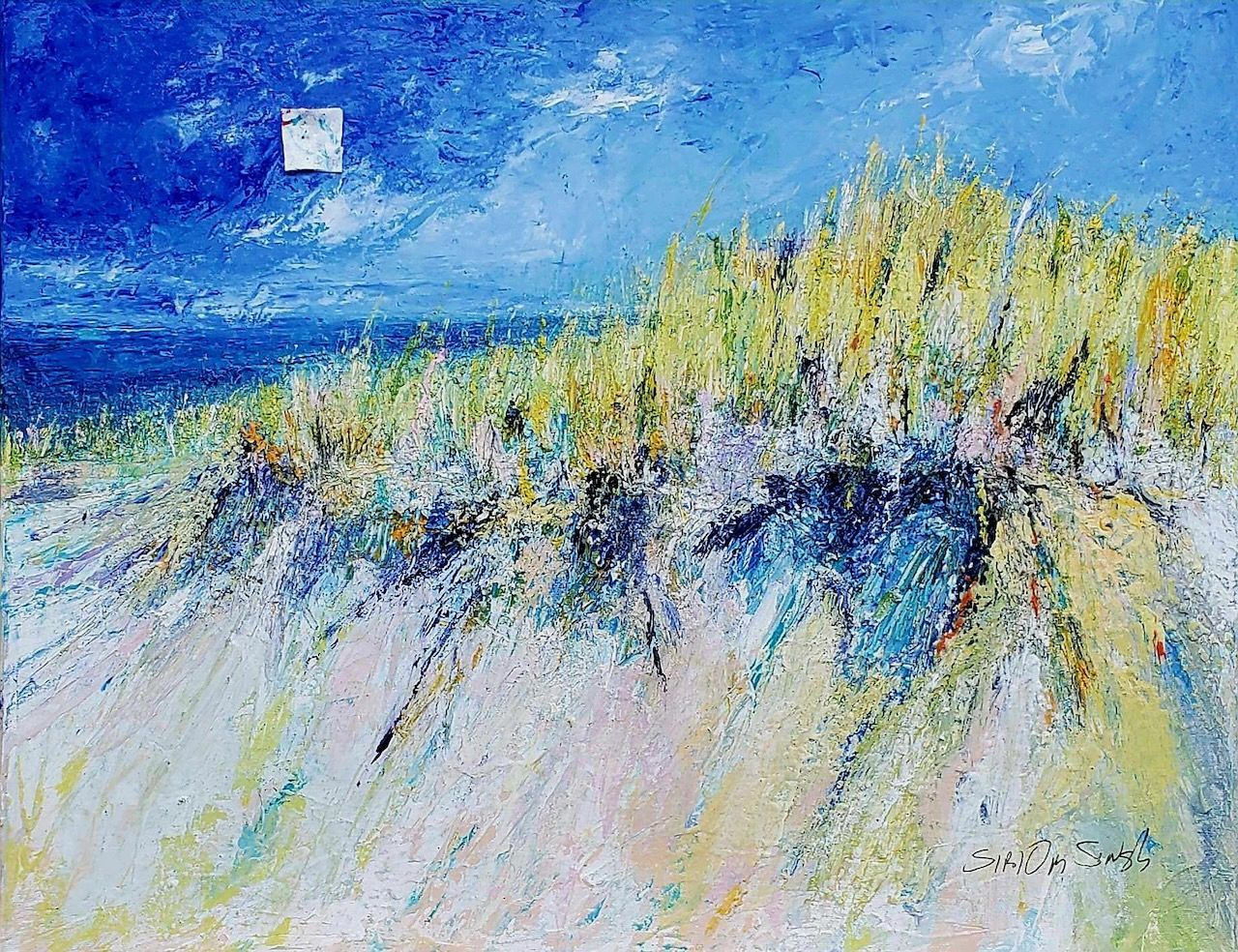 It is a painting of a beach with a moon in the sky.