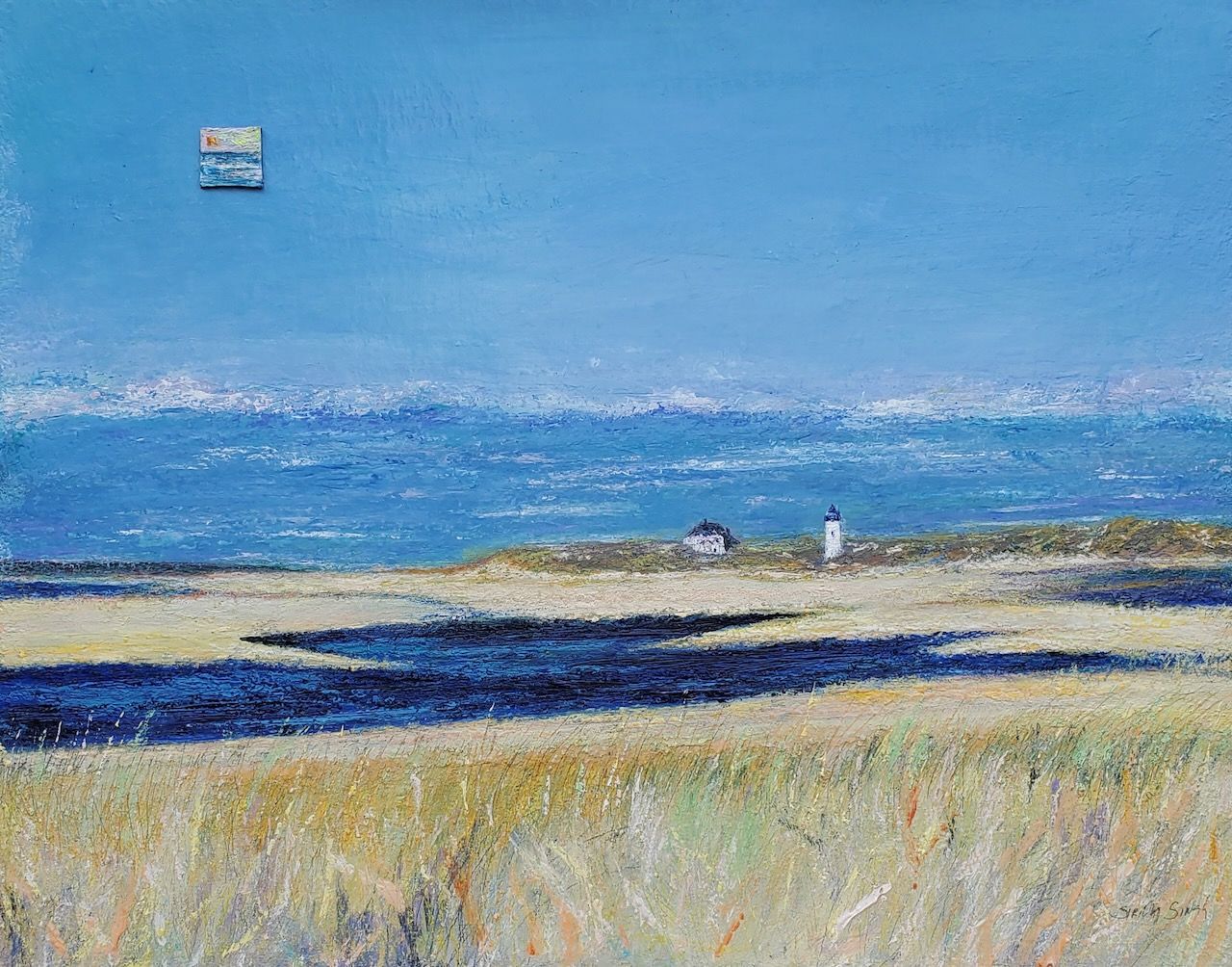 A painting of a beach with a boat in the distance.