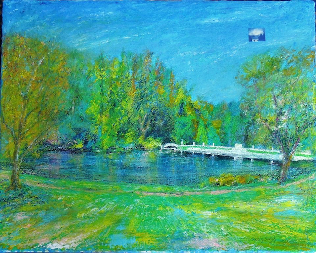 A painting of a bridge over a lake with trees in the background.