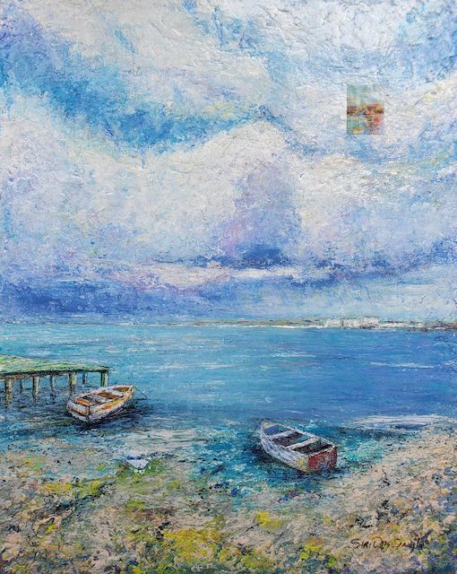 It is a painting of two boats in the water.