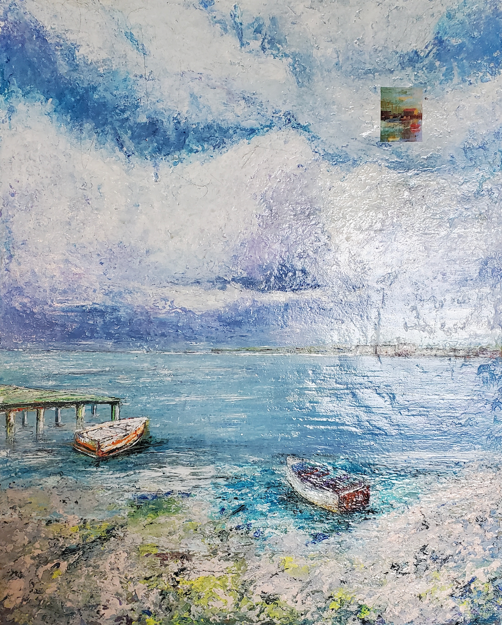 A painting of a boat in the ocean with a dock in the background.