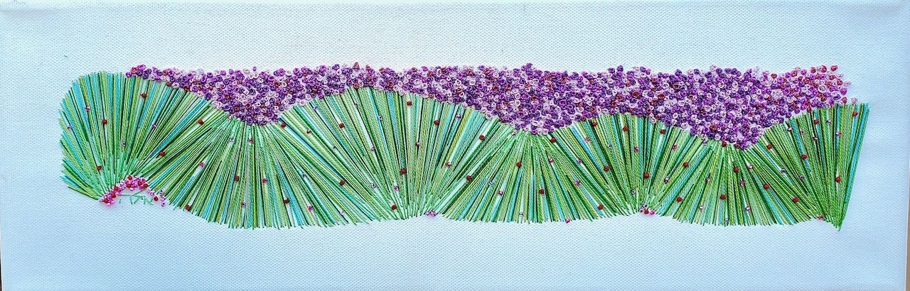 A painting of purple and green flowers on a white background.
