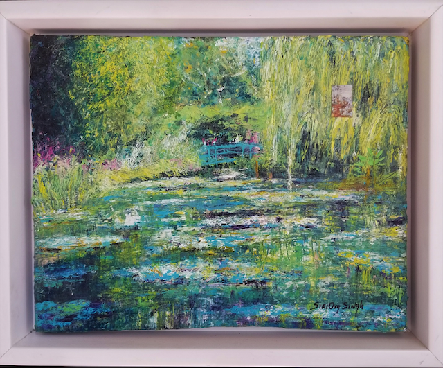 A painting of a pond with water lilies and a bridge
