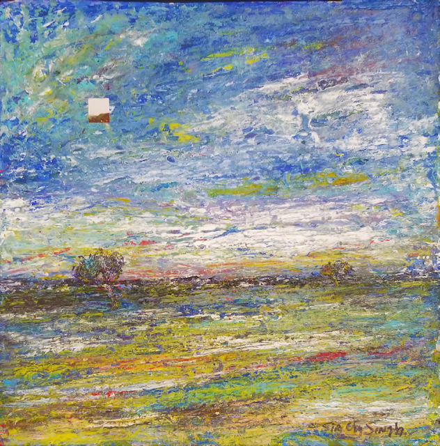 A painting of a field with a tree in the foreground