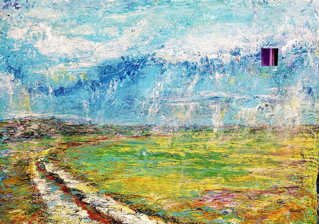 It is a painting of a road going through a field.