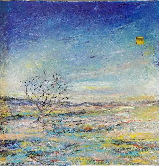 A painting of a tree in the middle of a field