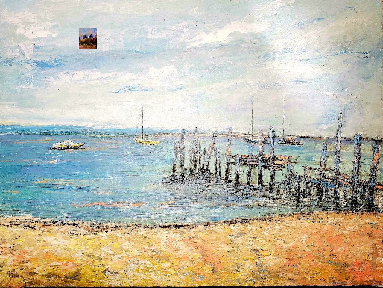It is a painting of a beach with boats in the water.