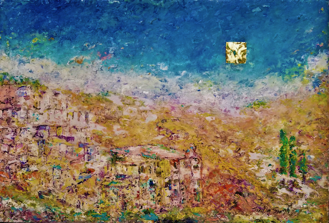 It is a painting of a landscape with a moon in the sky.