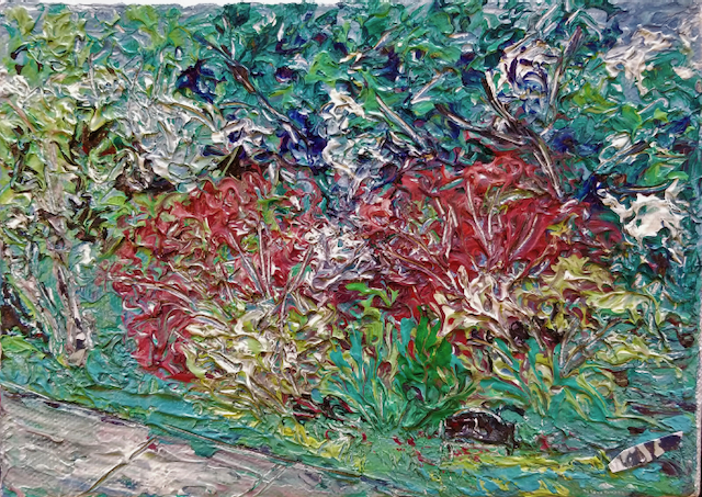 It is a painting of a garden with flowers and trees.