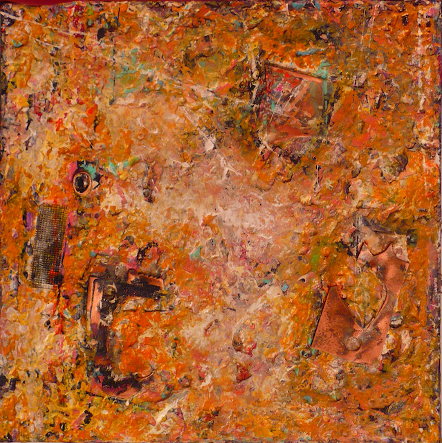 A close up of a painting with a lot of colors on it