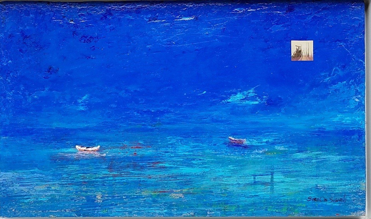 It is a painting of a blue ocean with boats in it.