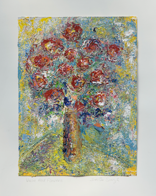 A colorful painting of a bouquet of flowers in a vase.