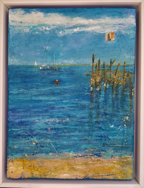 It is a painting of a beach with boats in the water.