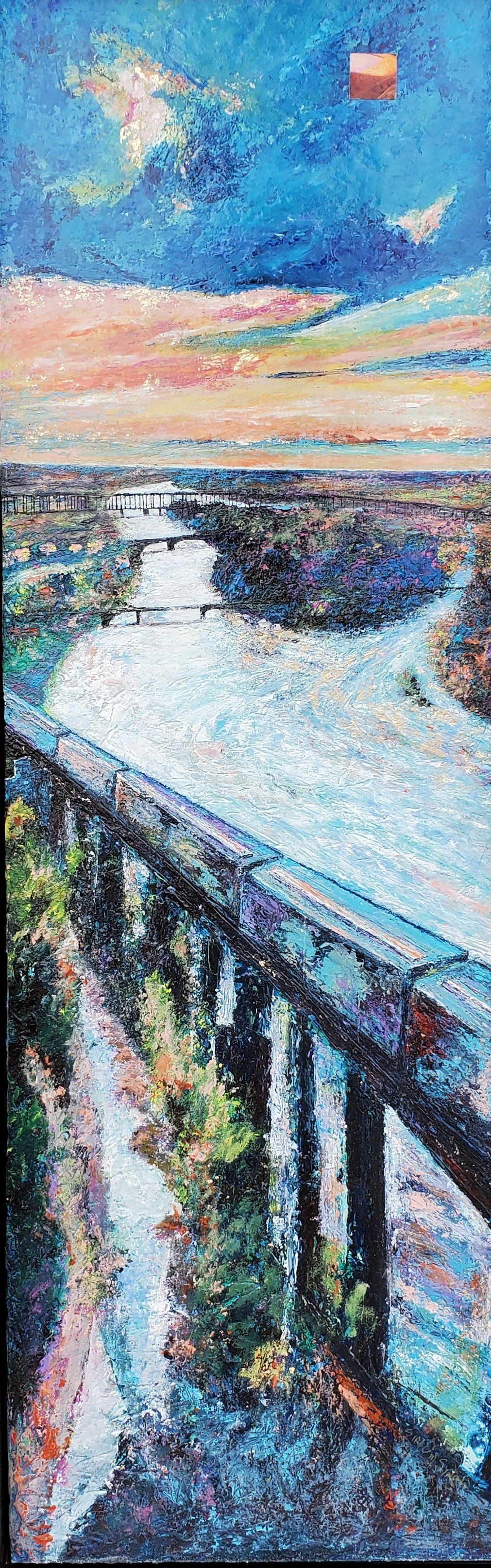 It is a painting of a bridge over a river.