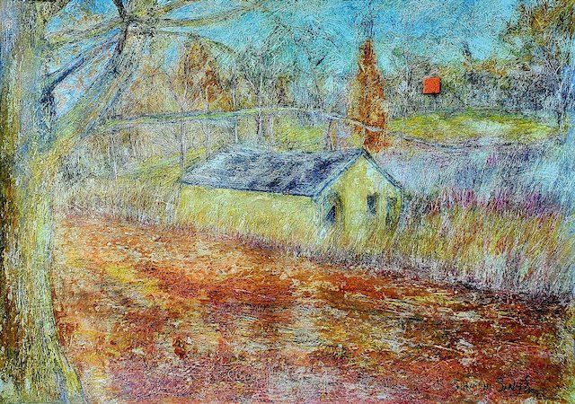 A painting of a yellow house in the middle of a field surrounded by trees.