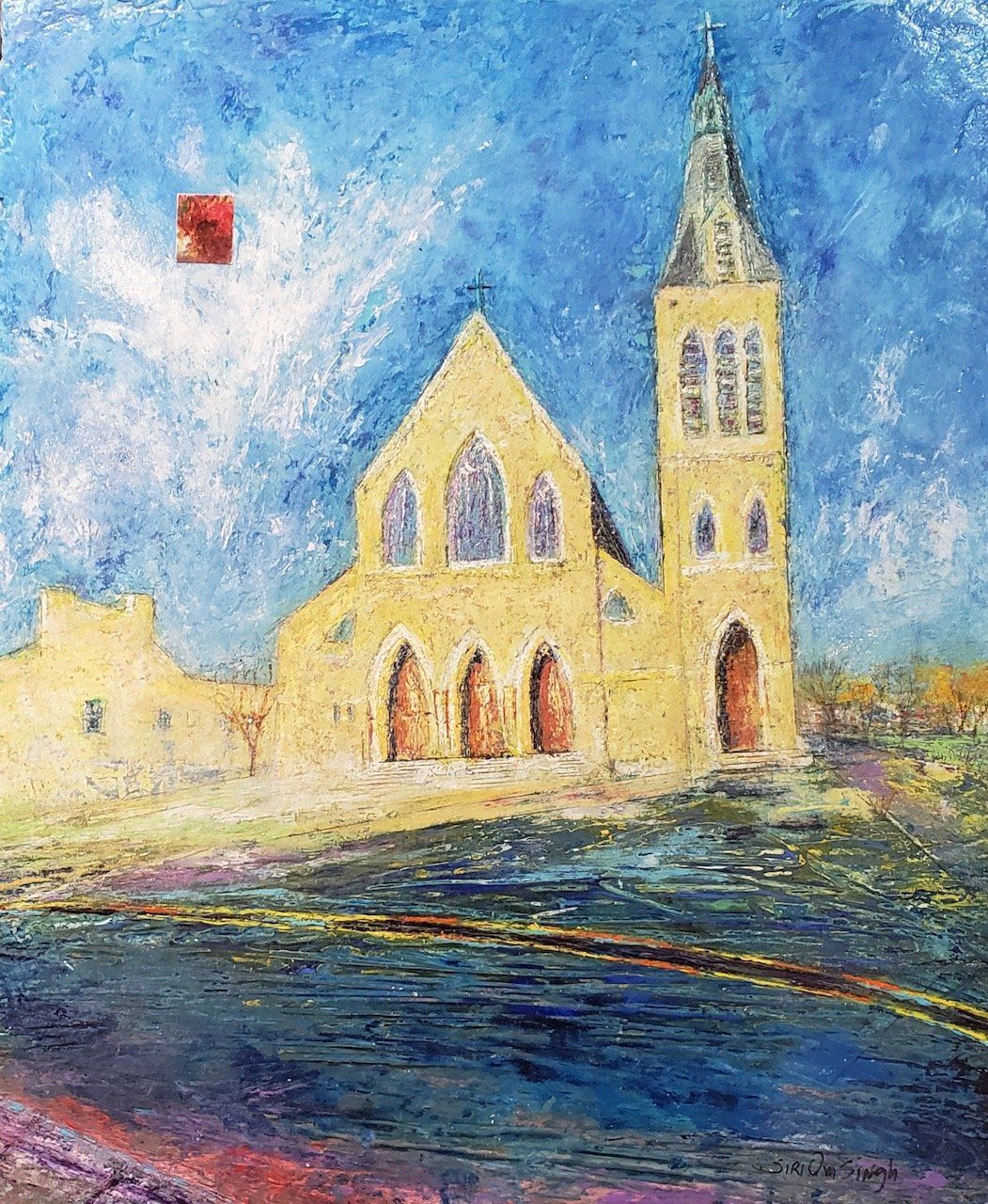 A painting of a church with a tower and a red balloon in the sky.