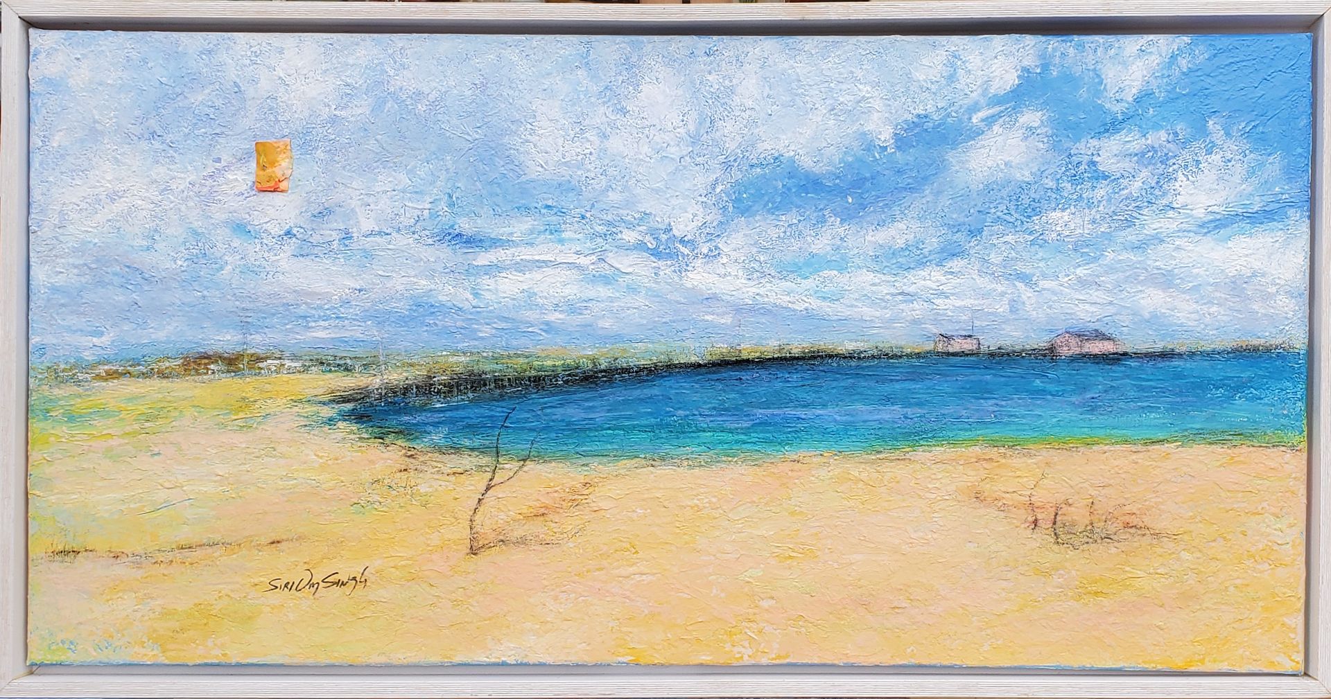 A painting of a beach with a body of water in the background.