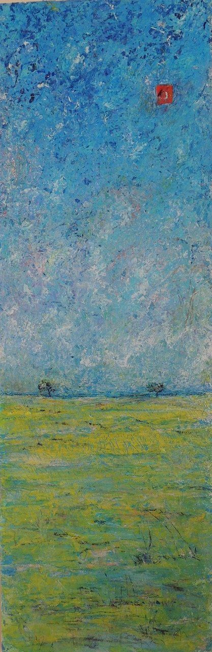 A painting of a field with a red sun in the sky.