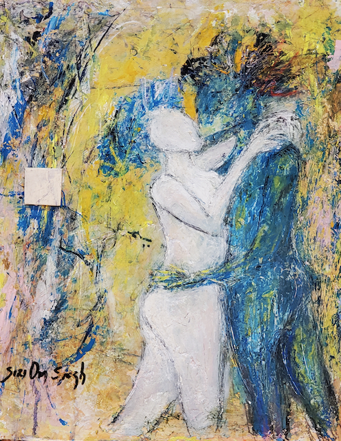 A painting of a man holding a woman in his arms.