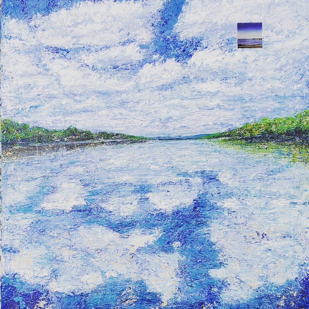 A painting of a lake with mountains in the background