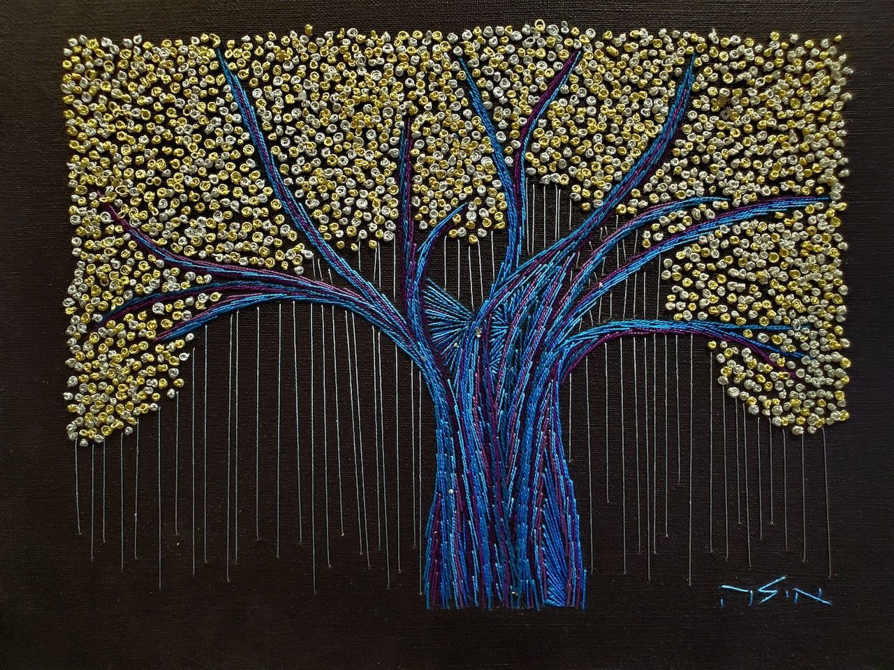 A painting of a tree with yellow leaves on a black background
