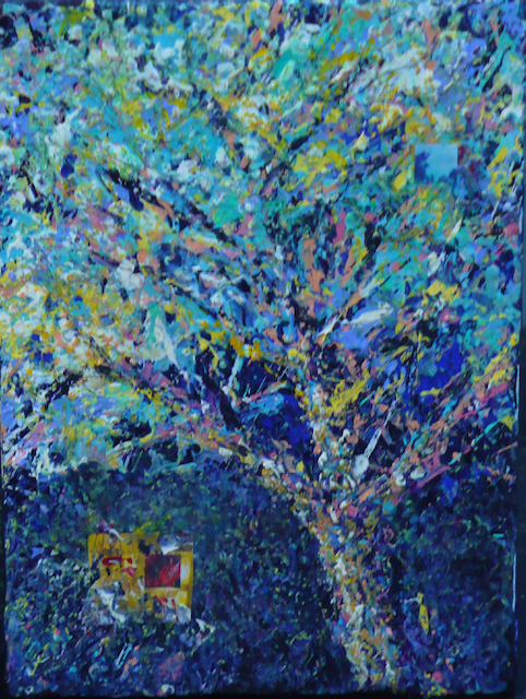 A colorful painting of a tree with lots of leaves