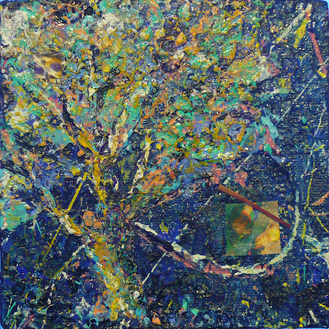 A colorful painting of a tree with a blue background