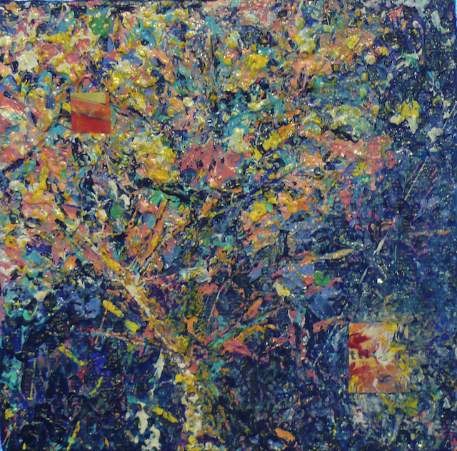 A colorful painting of a tree with a blue background