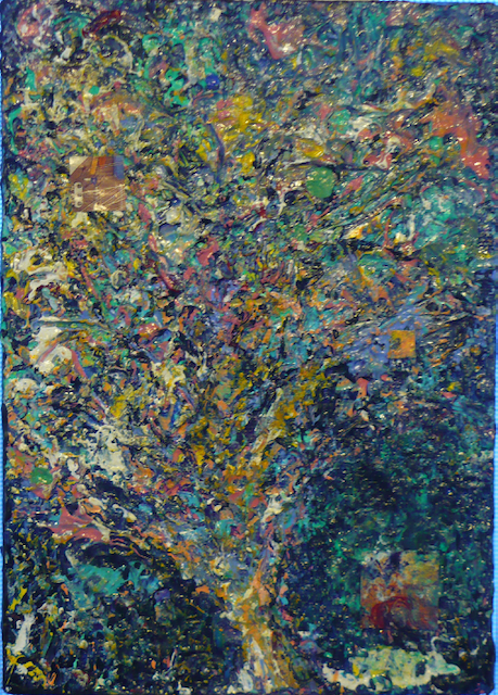 A colorful painting of a tree on a blue background