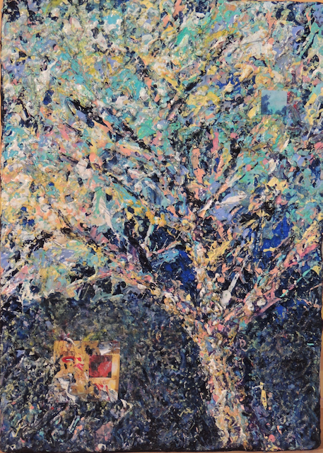 A colorful painting of a tree with a house in the background.