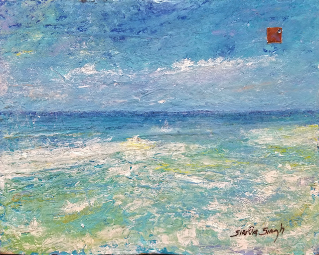 It is a painting of a beach with waves and a blue sky.