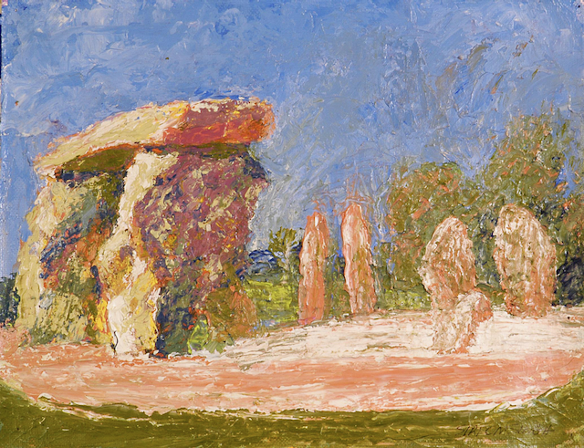 A painting of a stone circle in the middle of a field.