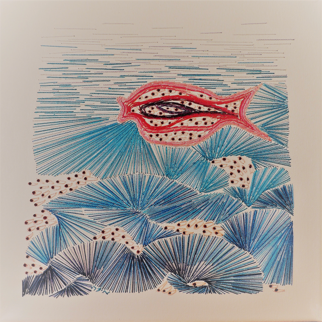 A drawing of a fish in the water with a blue background