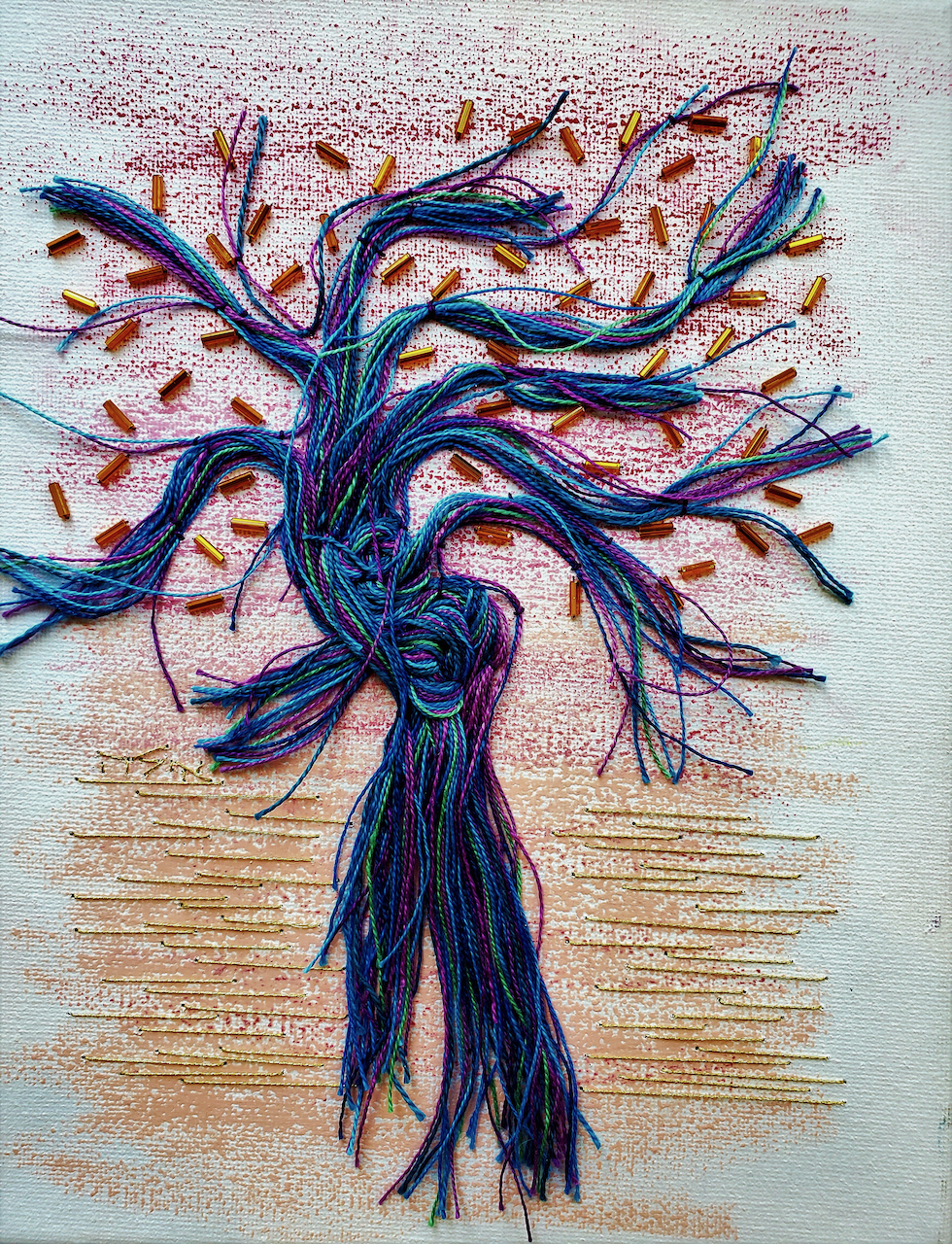 It is a painting of a tree with a bird on it.